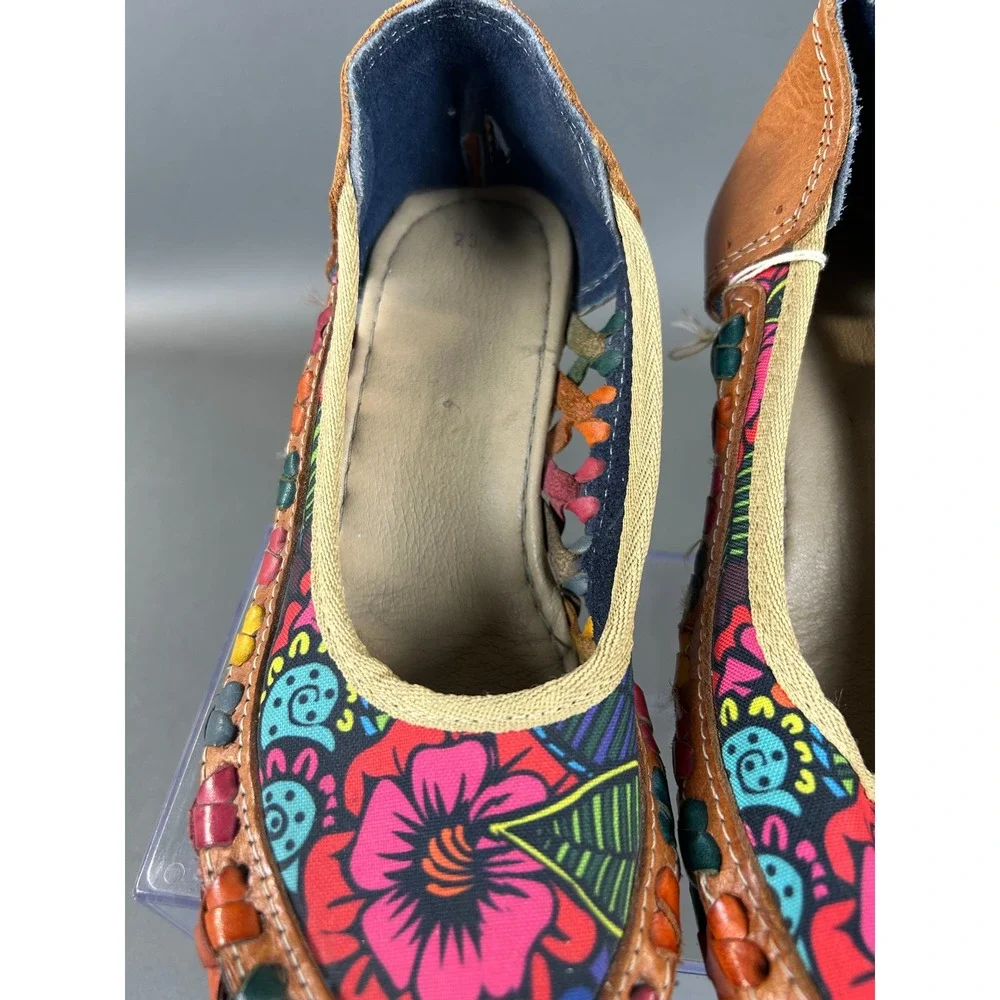 Huarache Wedge Pumps Multi Color Woven Leather Floral Canvas Mexican Boho 23